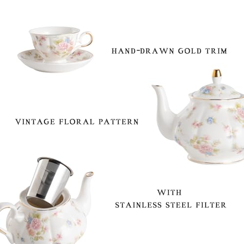 Sweejar Porcelain Tea Set Vintage Floral, British Relief Gold Rim Teapot Cup and Saucer Sets, 22-Piece Tea Sets for Adults, with Teapot, Sugar Bowl, Milk Jug, Spoons, Cup and Saucer (Small Flower) - color: Small Flower