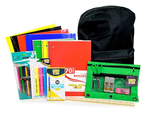 School Supply Boxes | 17" (Black or Clear) Backpack Bundle for (Elementary, Intermediate, or High School) - color: Black, style: Intermediate