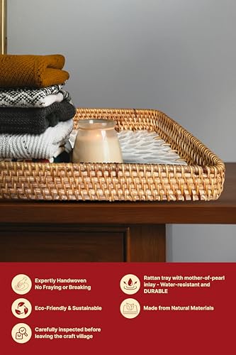 Rattan Rectangle Tray with Mother of Pearl Inlay, Unique Decorative and Serving Tray for Outdoor,Bathroom, Kitchen, Vanity, Perfume, or Coffee Table (Combo White 13"&11.8") - color: Combo White