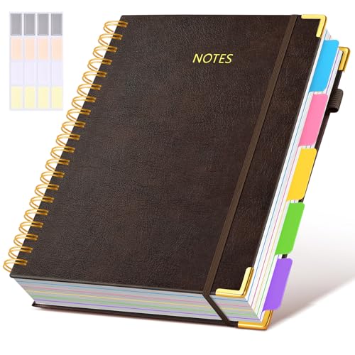 Hardcover Spiral Notebook 8.5"x11" Journal with Removable Dividers Tabs, 300 Pages Leather 5 Subject Notebook College Ruled, Large A4 Notebooks for Work School, Lined Journal for Women, A4 Brown - color: Brown, size: 8.5"x11"