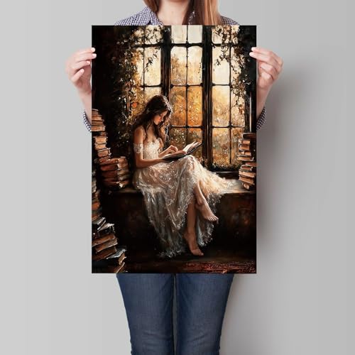 uoyien Vintage Victorian Girls Reading Portrait Canvas Wall Art Prints Dark Academia Cottagecore Pictures Wall Decor Moody Bookish Paintings Artwork for Library Reading Room Bedroom 16x24in Unframed - color: Brown, size: 16x24in Unframed