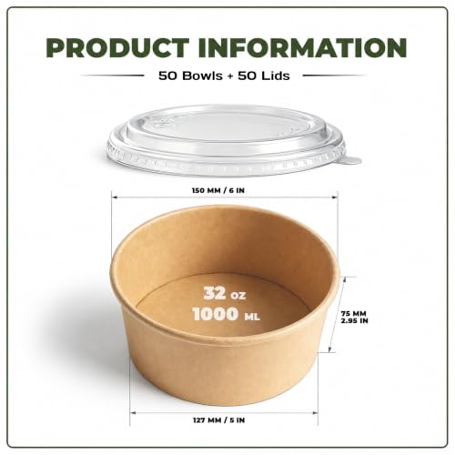 TOPtoper 50 Pcs 32 Oz Large Paper Bowls with Lids, Disposable Soup Serving Bowls Bulk Party Supplies for Hot/Cold Food, Soup (32 OZ) - size: 32 OZ