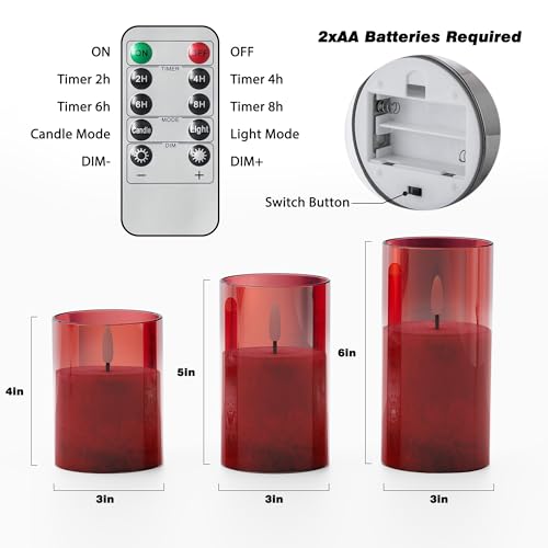 Battery Operated Flameless Candles with Remote & Timer, Red Glass 3Pack - color: Red