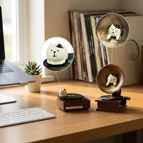 RAQWI Cat Phonograph & Record Player Figurines, Resin Desk Decor - color: Music