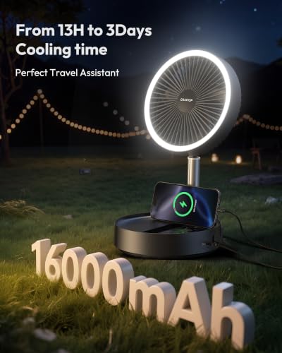 Gaiatop Portable Pedestal Fan 16000mAh Battery [Max 74h Runtime], Foldable Oscillating Standing Fan, Collapsible Desk Fans, LED Light, Case & Remote Control 4 Speeds for Outdoor Travel Camping (Black) - color: Black