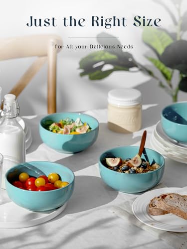 DOWAN 22 OZ Ceramic Soup Bowls & Cereal Bowls - 6" Classic Bowls Set of 4 for Soup, Cereal, Oatmeal, Fruit, Rice - Dishwasher & Microwave Safe (Turquoise) - color: Turquoise, size: 22 OZ