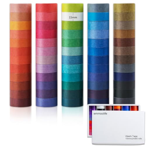 emmoolife 60 Rolls Washi Tape Set 15mm Wide Rainbow Colored Painters Masking Tape Supplies Writable Cute Colorful Decorative Craft Tape for Scrapbook DIY, Planner, Arts, Labeling and Color-Coding - style: Colorful Rainbow