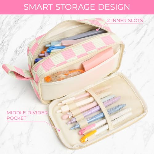 WOBAGMEN 62PCS Aesthetic Stationery Set with Corduroy Pencil Case, Pastel Highlighters Gel Pens Mechanical Pencils, Cute College Daily Essentials Set（Pink Gingham） - color: Pink Gingham
