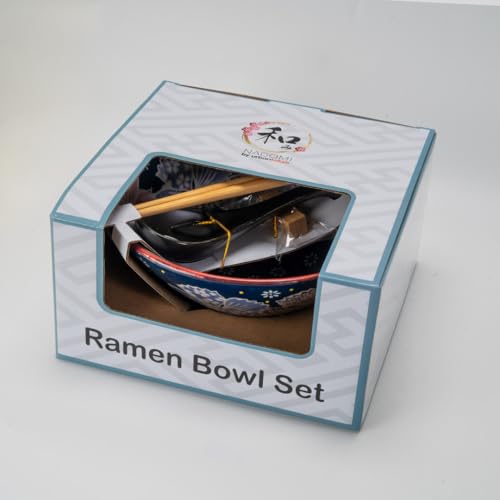Urban Tokyo 24oz Large Ceramic Ramen Bowl Set with Chopsticks, Spoon & Bamboo Rest – Oriental Japanese Design, Microwave & Dishwasher Safe, Flower Design - color: Pink and Green