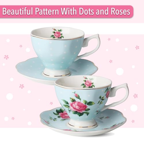 BTaT- Floral Tea Sets for Adults, 13 pcs, Service for 4, Pot (38 oz) & Cups (8 oz) with Saucers, Pastel Blue Floral Design, Porcelain Tea Set for Adult, Dishwasher Safe - color: Blue