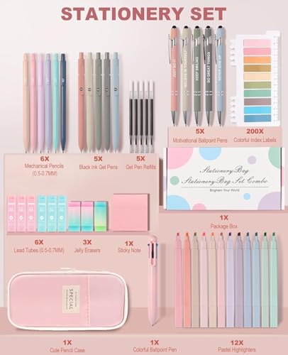 56 PCS Aesthetic School Supplies with Large Pencil Case, 5 Inspirational Ballpoint Pens, 12 Pastel Highlighters, 5 Black Ink Gel Pens, 6 Mechanical Pencils 0.5-0.7mm College Student Essentials (Pink) - color: Pink