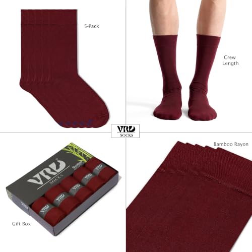 VRD Men's Dress Socks Bamboo Rayon, 5-Pack Crew Socks, Multiple Colors and Designs, Shoe Size 8-13, Gift Box - color: 18: Burgundy, 5-pack Solid