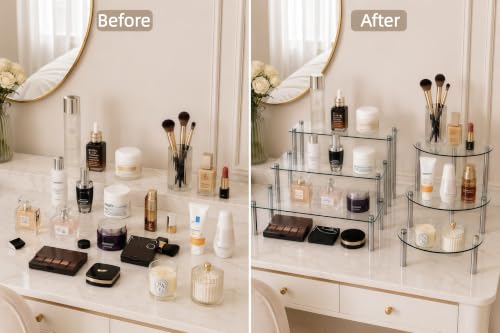 6 Piece Tempered Glass Display Stands Set, Clear Table Organizer Risers - size: Round + Rectangular