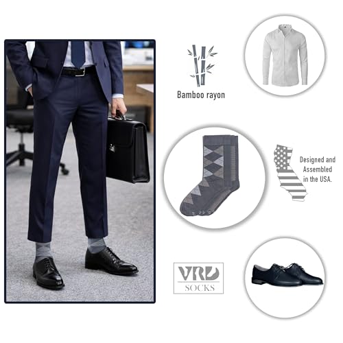 VRD Men's Dress Socks Bamboo Rayon, 5-Pack Crew Socks, Multiple Colors and Designs, Shoe Size 8-13, Gift Box - color: 03: Grey, 5-pack Mix (2 Solid, 1 Striped, 1 Dotted, 1 Argyle)