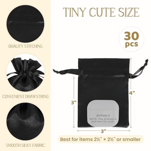 30Pcs Small Satin Gift Bags, 3x4 Black Cloth Drawstring Pouch - color: Black, size: 3×4 in