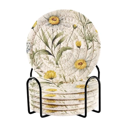 Wildflower Daisy Drink Coasters Set - 6 Pcs Minimalist Woven Coasters with Holder for Home Decor, 3.94 Inch Absorbent Coasters for Drinks - color: A02