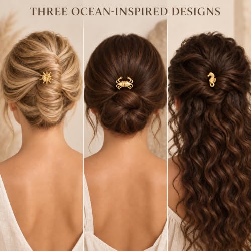 3PCS Ocean U Shaped Hair Pins for Women, Gold Shell Starfish Conch Bun Pins, Coastal Beach Hair Accessories, French Twist Hair Forks for Thick Thin Hair Summer Vacation (Copper) - color: Copper