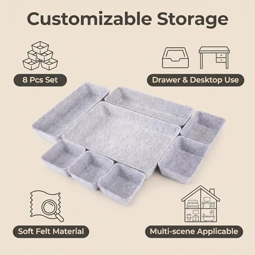 Felt Desk Drawer Organizer, 8pcs Shallow Storage Trays Bins, Office Accessories Box Inserts College Jewelry & Makeup Boxes Containers(Grey) - color: Grey