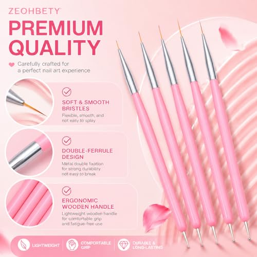 Nail Art Brushes, 5Pcs Nail Art Liner Brushes, Dotting Pen Tools, Painting Design Brush Set for Long Lines, Thin Details, Fine Drawing Sizes 7/9/11/15/22mm, Pink - color: Pink