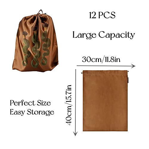 GONGKANGYUAN 12 Pcs Satin Wig Bags with Drawstring Satin Bag for Packaging Hair Extensions Wigs Soft Silk Pouches Hair Tools Storage Bags for Home and Salon (Brown) - color: Brown