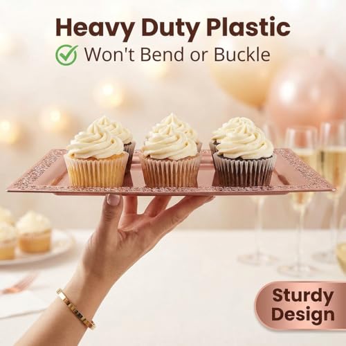 6 (pk) Yumchikel 14" x 7.5" Rose Gold Lace Rim Plastic Serving Trays & Platters | Heavy Duty Disposable Decorative Dessert Tray - Party Platters for Upscale Parties Weddings Brand: Yumchikel - color: Rose Gold Lace, size: 6 Pack