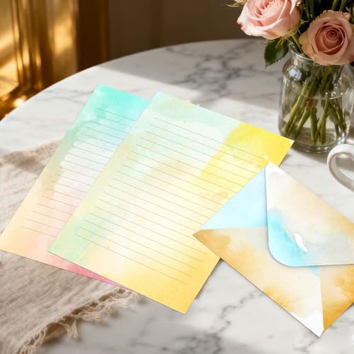 Watercolor Stationary Paper and Envelopes Set, 24 Lined Writing Papers and 12 Envelopes, 6 Designs Aesthetic Letter Kit for Love Letters, Thank You Notes and Party Invitations