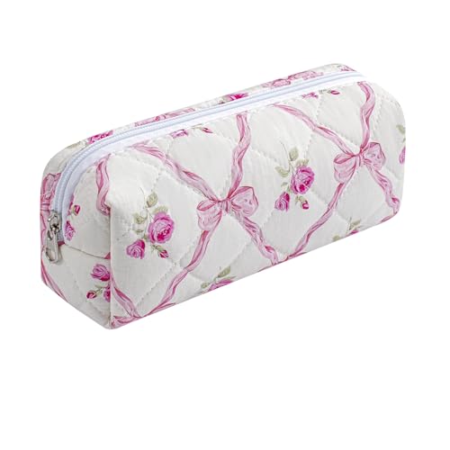 Cute Floral Cotton Makeup Brush Cosmetic Bag for Women, Travel Quilted Zipper Make Up Bag, Flowers Toiletry Organizer Case Kawaii Makeup Cosmetic Travel Cloth Pouch (Pink Bowknot) - color: 05 Pink Bowknot