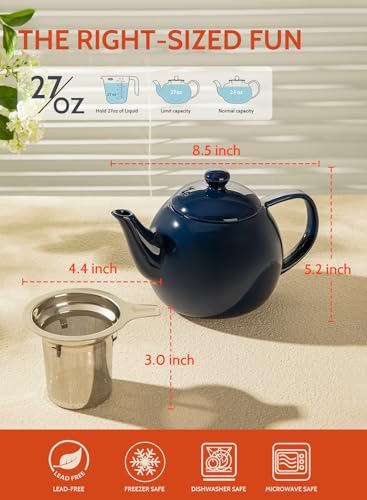 Sweese Teapot, Porcelain Tea Pot with Stainless Steel Infuser, Blooming & Loose Leaf Teapot - 27ounce, Navy - color: Navy, size: 27oz (with infuser)
