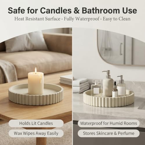 Round Solid Concrete Tray, Fluted Centerpiece for Coffee Table Decor 11" - color: Beige
