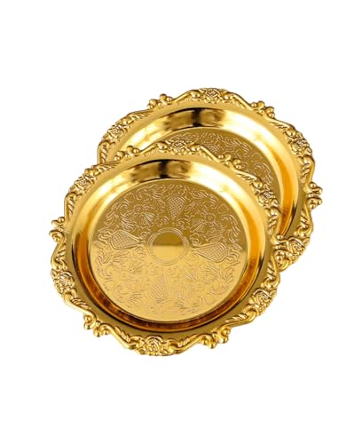 2PCS Coffee Table Tray 5.9in Round Decorative Tray Vintage Metal Dessert Plates for Snacks Fruit Gold - color: Gold, size: 5.9 in