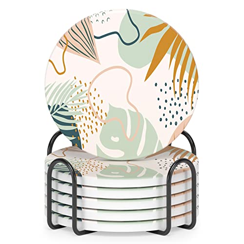 Coasters for Drinks, Set of 6 Cute Absorbent Ceramic Drink Coasters - color: Boho Leaves