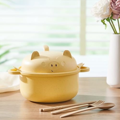 2 Set Large 45oz Cute Pig Ramen Bowl Set Microwavable Yellow, Purple - color: Yellow,Purple