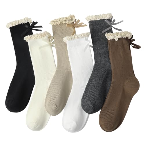 6 Pairs Womens Bow Socks, Ruffle Casual Crew Socks - color: Black,off‑white,beige,white,dark Gray,brown