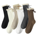 6 Pairs Womens Bow Socks, Ruffle Casual Crew Socks - color: Black,off‑white,beige,white,dark Gray,brown