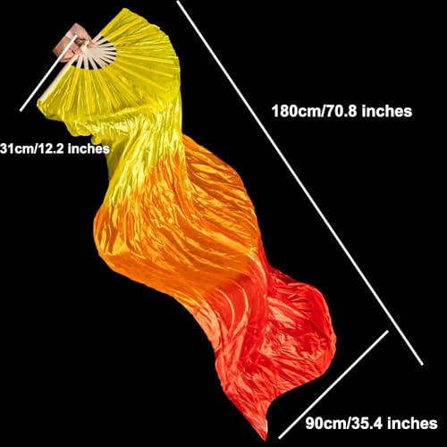 BRYCTSISEN Silk Belly Dance Fan Veil 2 Pairs Long Performance Folding Fan - color: Gradual Yellow