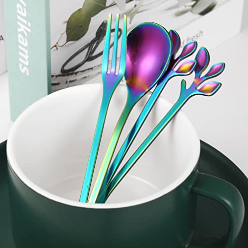 AnSaw 10-Pc Rainbow Mini Spoons & Forks Set, 4.7" - Leaf Handle - color: Rainbow