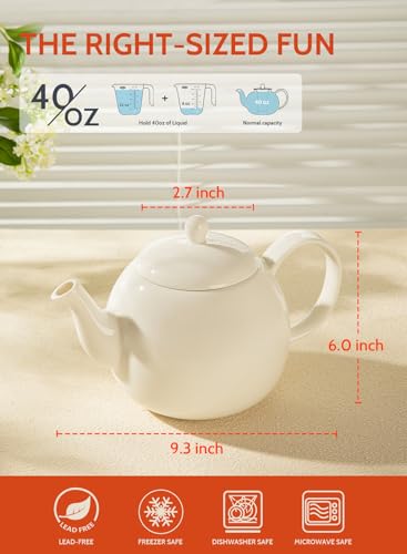 Sweese Porcelain Teapot, 40 Ounce Tea Pot - Large Enough for 5 Cups, White (Pack of 3) - color: White, size: 40oz (no infuser) (Pack of 3)