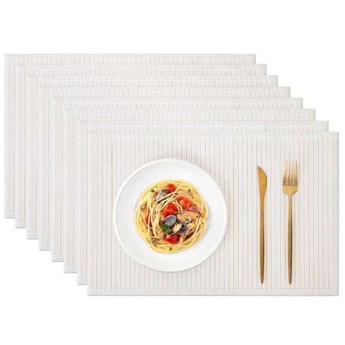 Bamboo Placemats Set of 8 with Fabric Border, Table Mats, White - color: White, size: Set of 8