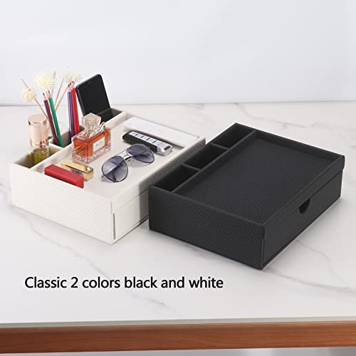 Leather Desk Organizer With Drawers, Home Cosmetics & Phone Remote Organizer, Drawer Plus Divider & Tray (white) - color: white