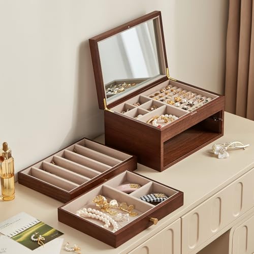 Black Walnut Wooden Jewelry Box Women with One-way Vision Mirror - style: 3 Layer A