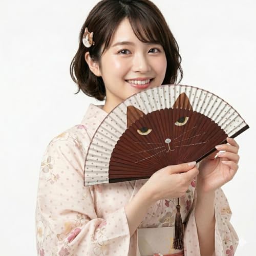 Cute Coffee Cat Face Folding Handheld fans for Women with Fabric Sleeve & Tassel, Handcrafted Decorative Bamboo Accessory, Japanese Style Portable Cooling Tool for Girls & Gifts, Opened 8.27x15 - color: Coffee Cat
