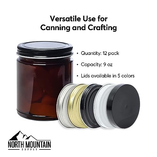 North Mountain Supply 9 Ounce Amber Glass Straight Sided Mason Canning Jars - with 70mm Silver Metal Lids - Case of 12