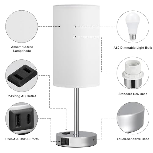 Fenmzee 17.4" White Lamp for Bedroom - Dimmable Touch, USB A+C, AC Outlet - color: White - Silver, size: 17.4"