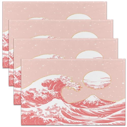 Feelyou Japanese Wave Placemats Set of 4 Ocean Wave Placemats for Kitchen Dining Table 18"x12" Ukiyoe Theme Home Decor Table Place Mats Pink Indoor/Outdoor Decor - color: Light Pink