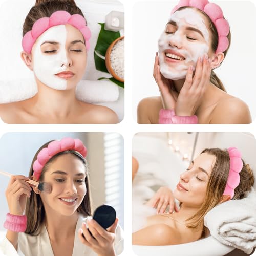 Spa Headbands for Washing Face Wristband Set Sponge Makeup Skincare Headband Wrist Towels Bubble Soft Terry Towel Cloth Hairband for Women Puffy Headwear Non Slip Thick Thin Hair Headwear (Rose red) - color: Rose red