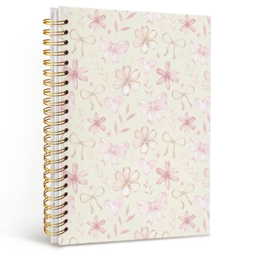 MOFUYU Cute Notebook for Girls,Coquette Bow Hardcover Spiral Notebook - color: Yellow bow(pink)