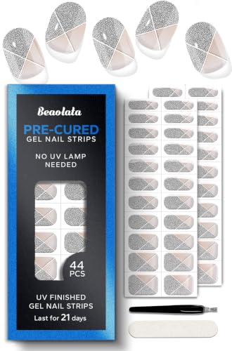 Real Gel Nail Strips (No UV Light Needed) - 44Pcs Salon Quality Nail Stickers - Long Lasting Polish Wraps for Women, Easy Apply & Remove (Nude Veil Silver) - color: Nude Veil Silver