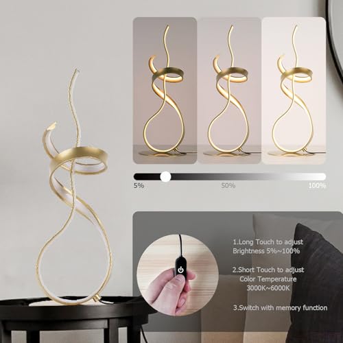 Gold Art Spiral 24W LED Table Lamp with Touch Remote Dimmer, 22" Unique Creative Stylish Smart Lamp, LED Desk Lamp for Dining Room, Bedroom, Bedside, Restaurant, Bar (Gold) - color: Gold