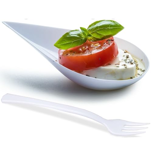 DLux 100 4-in Tear Drop Mini Appetizer Plates with Forks, White - color: White (100 dishes + 100 forks)
