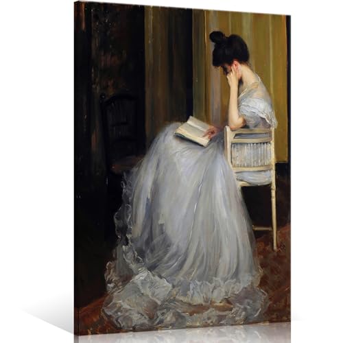 uoyien Vintage French Canvas Wall Art Famous Artwork Woman Reading Portrait Oil Painting Dark Academia Aesthetic Print 19th Century Antique Poster Retro Gallery Home Decor 16x24in Wrapped Canvas - color: Off-white, size: 16x24in Wood Framed
